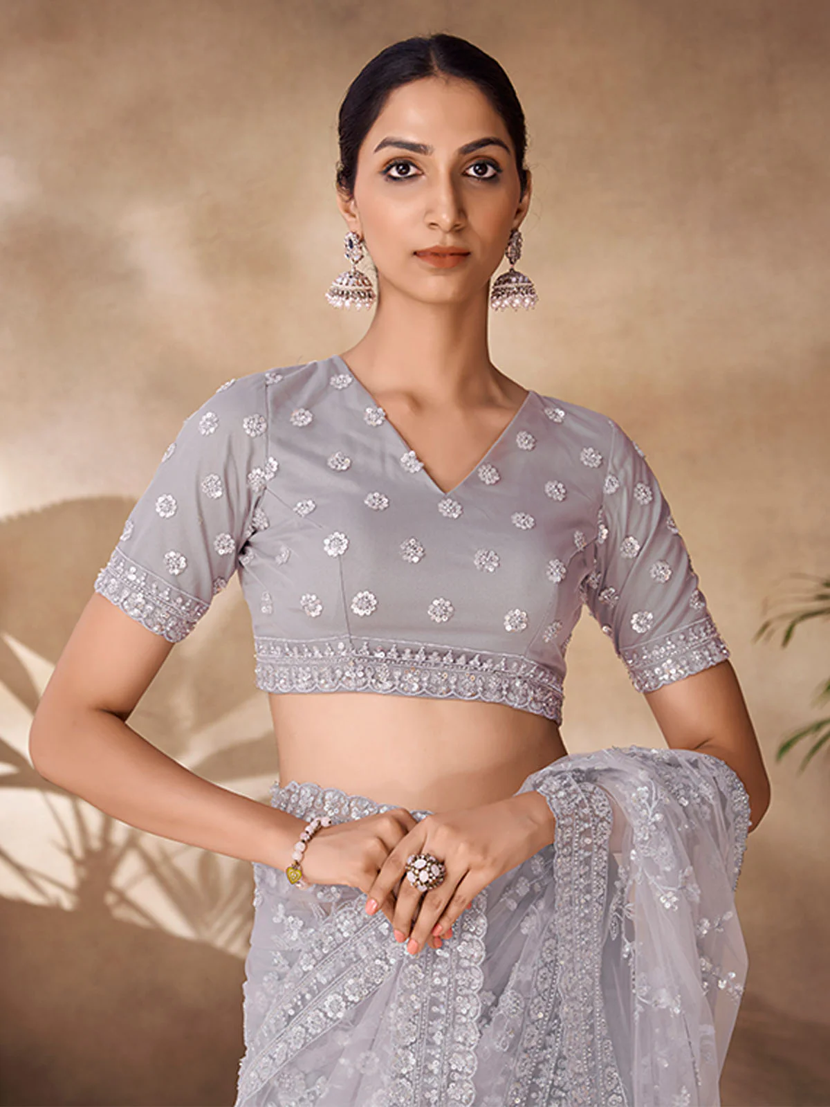 Odette Grey Net Embroidered Saree With Unstitched Blouse For Women - Image 3