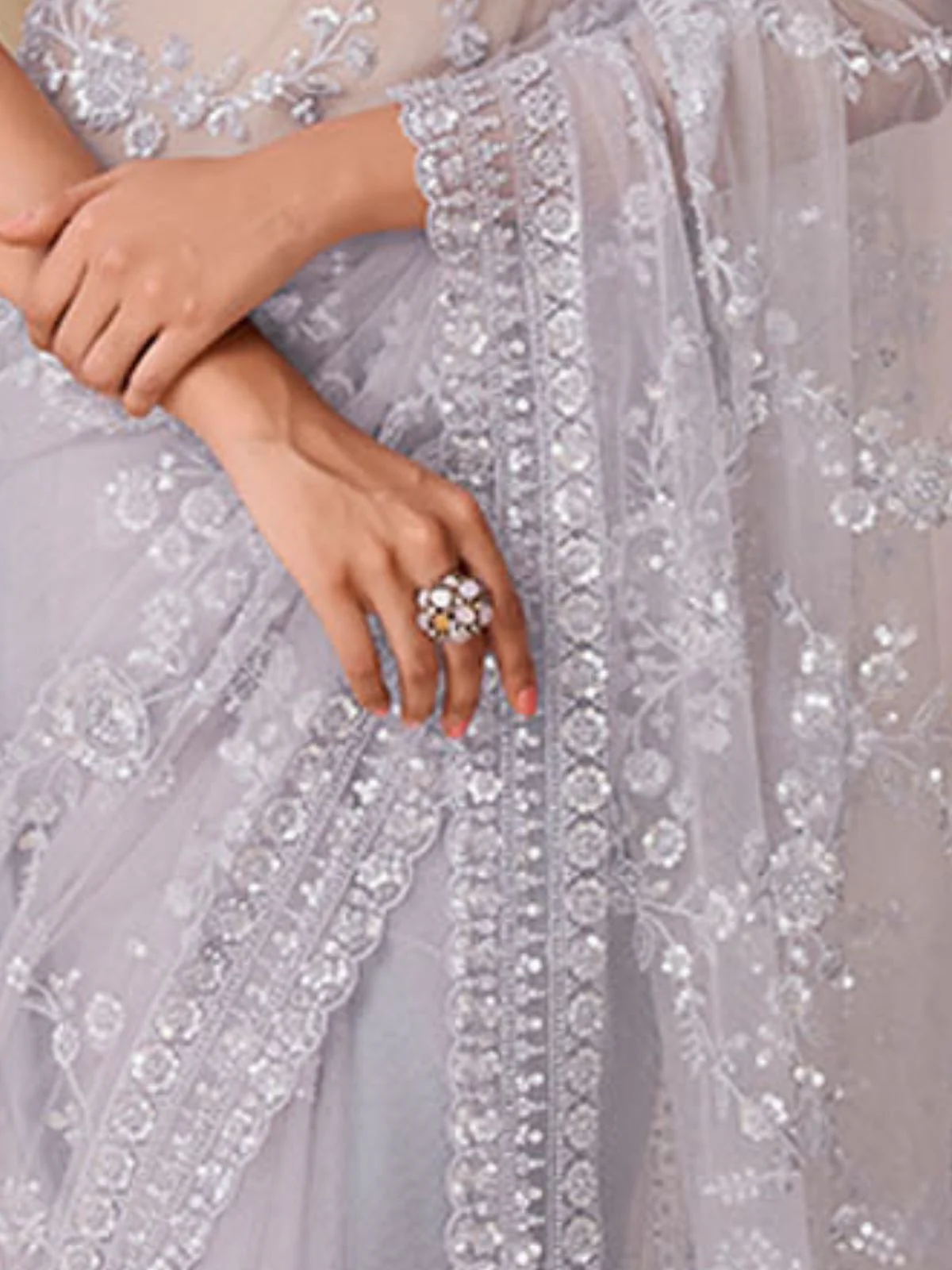 Odette Grey Net Embroidered Saree With Unstitched Blouse For Women - Image 5