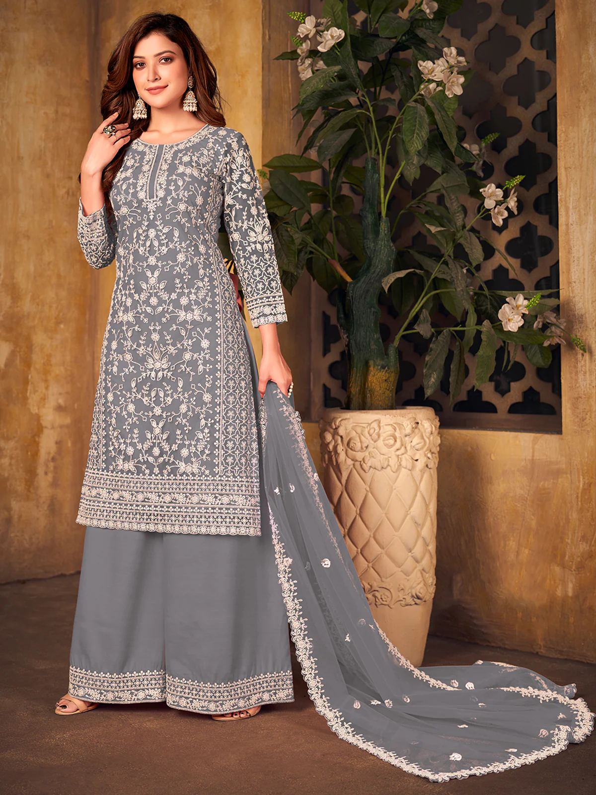 Odette Grey Net Embroidered Semi stitched Kurta Set with Inner For Women - Image 2
