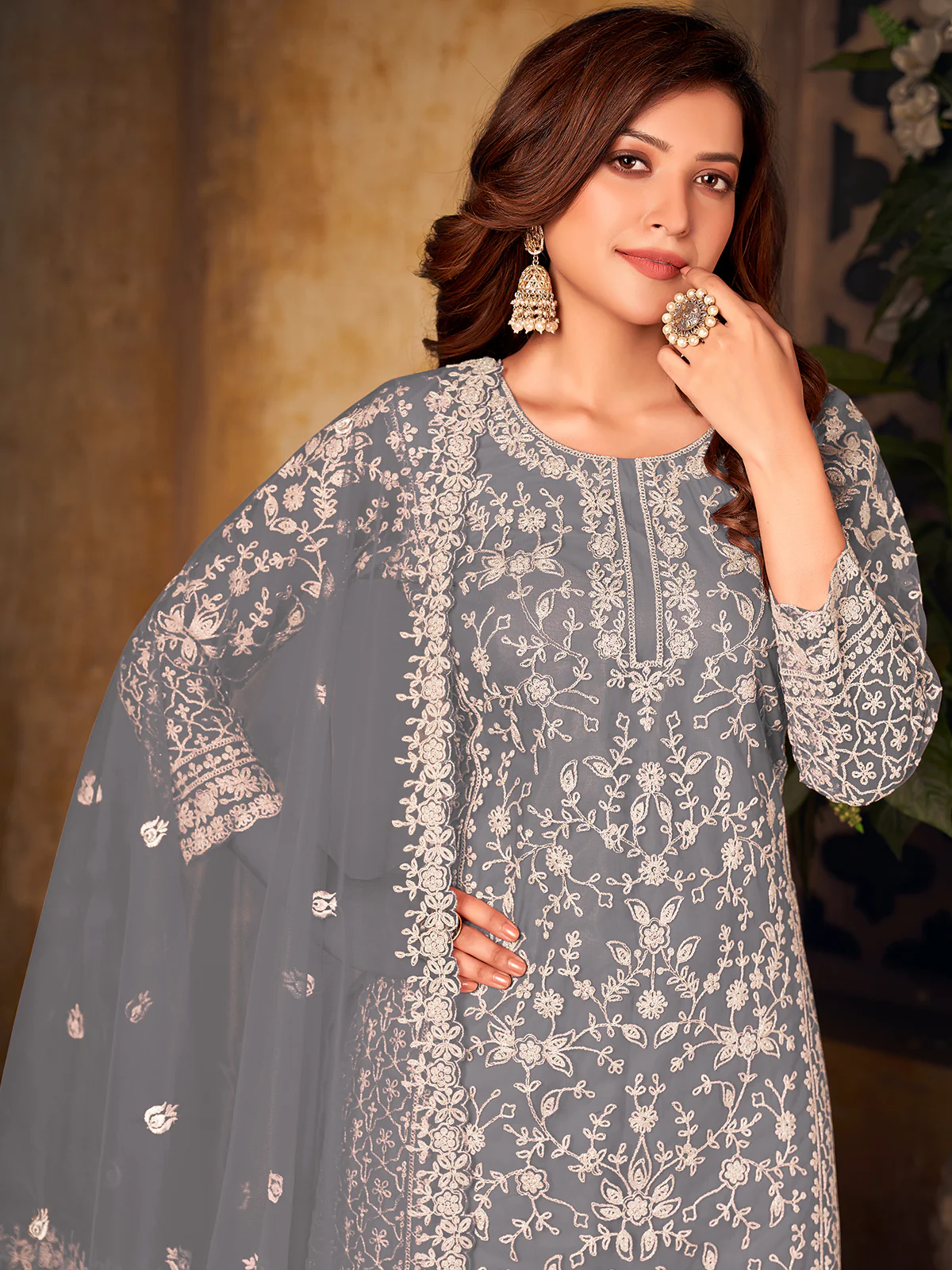 Odette Grey Net Embroidered Semi stitched Kurta Set with Inner For Women - Image 3