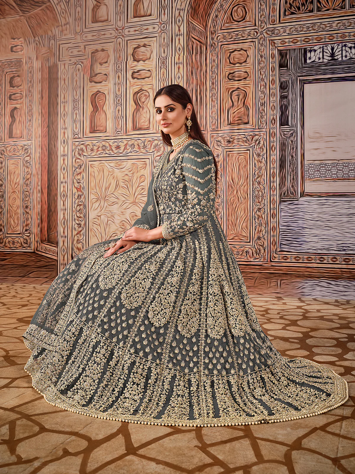 Odette Grey Net Embroidered Semi stitched Kurta Set with Inner For Women - Image 2