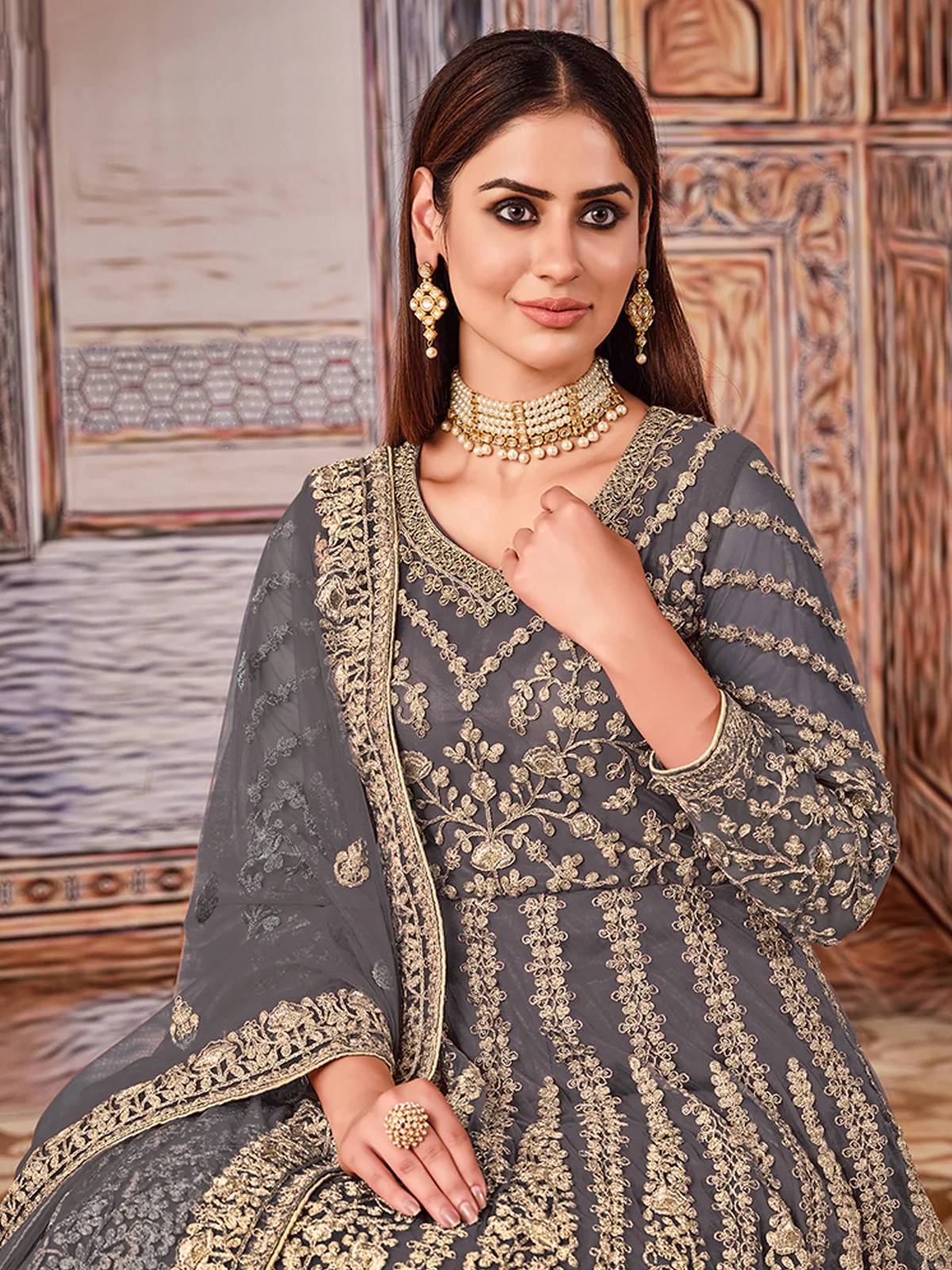 Odette Grey Net Embroidered Semi stitched Kurta Set with Inner For Women - Image 4