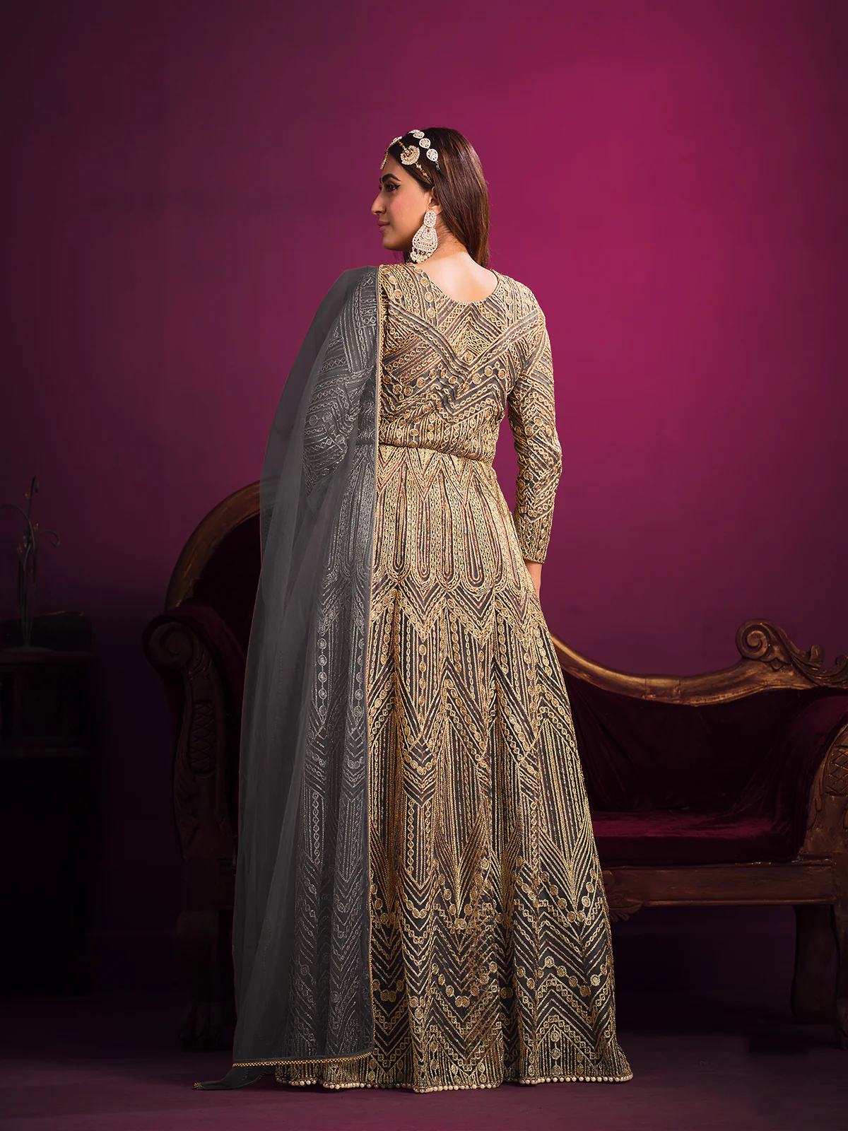 Odette Grey Net  Embroidered Semi stitched Kurta Set With Inner For Women - Image 3