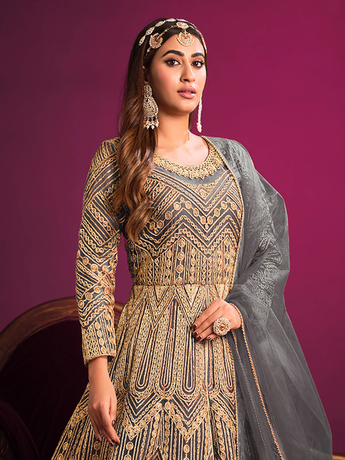 Odette Grey Net  Embroidered Semi stitched Kurta Set With Inner For Women - Image 4