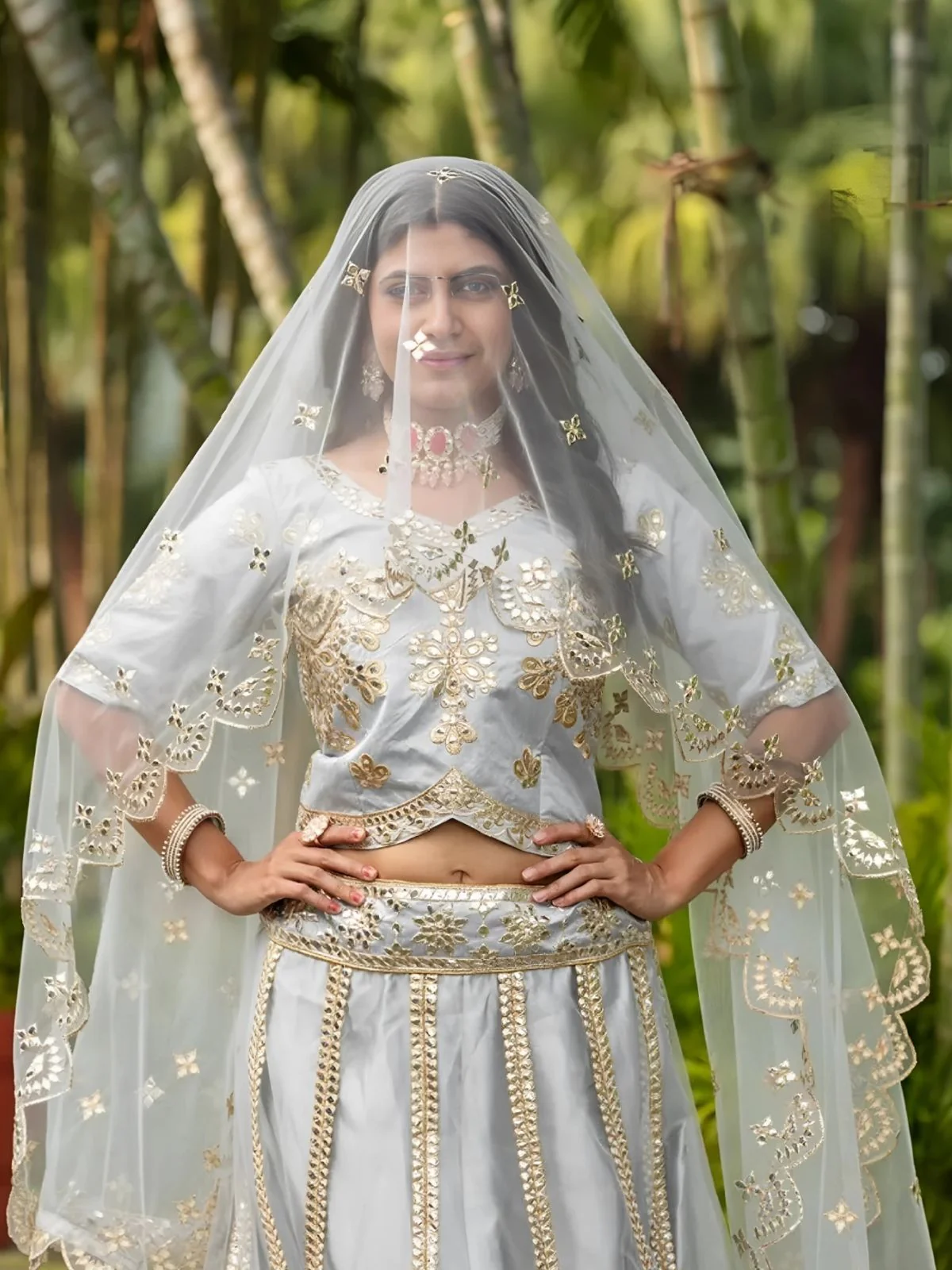 Odette Grey Net Embroidered Semi-Stitched Lehenga For Women - Image 3