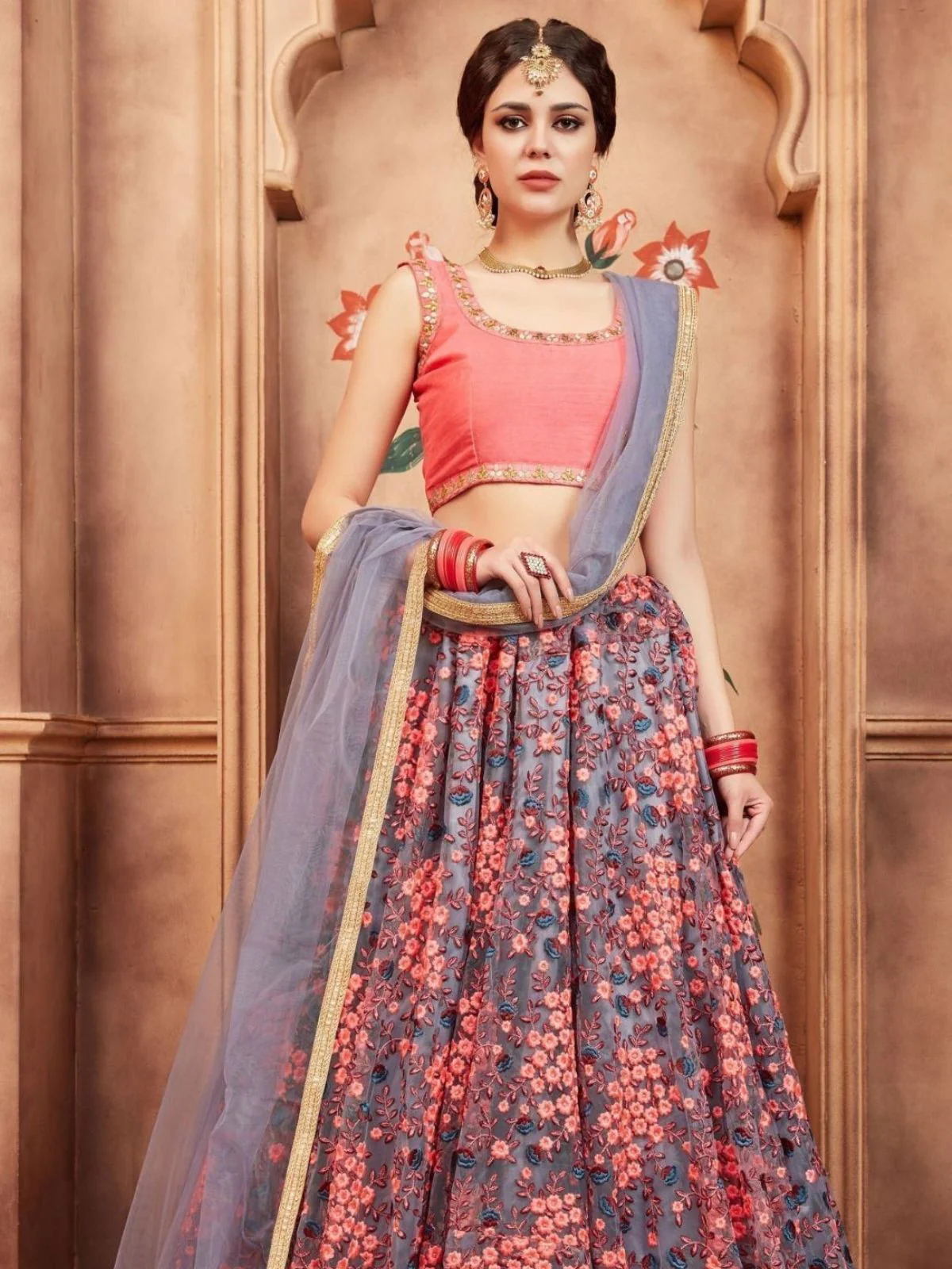Odette Grey Net Embroidered Semi-Stitched lehenga For Women - Image 2
