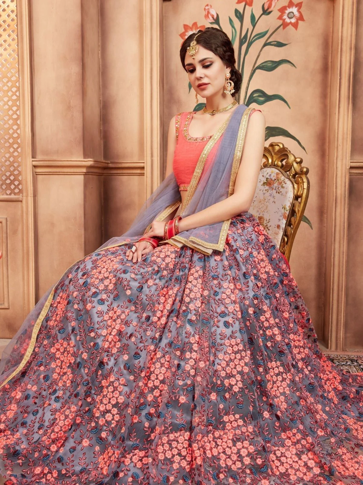 Odette Grey Net Embroidered Semi-Stitched lehenga For Women - Image 3