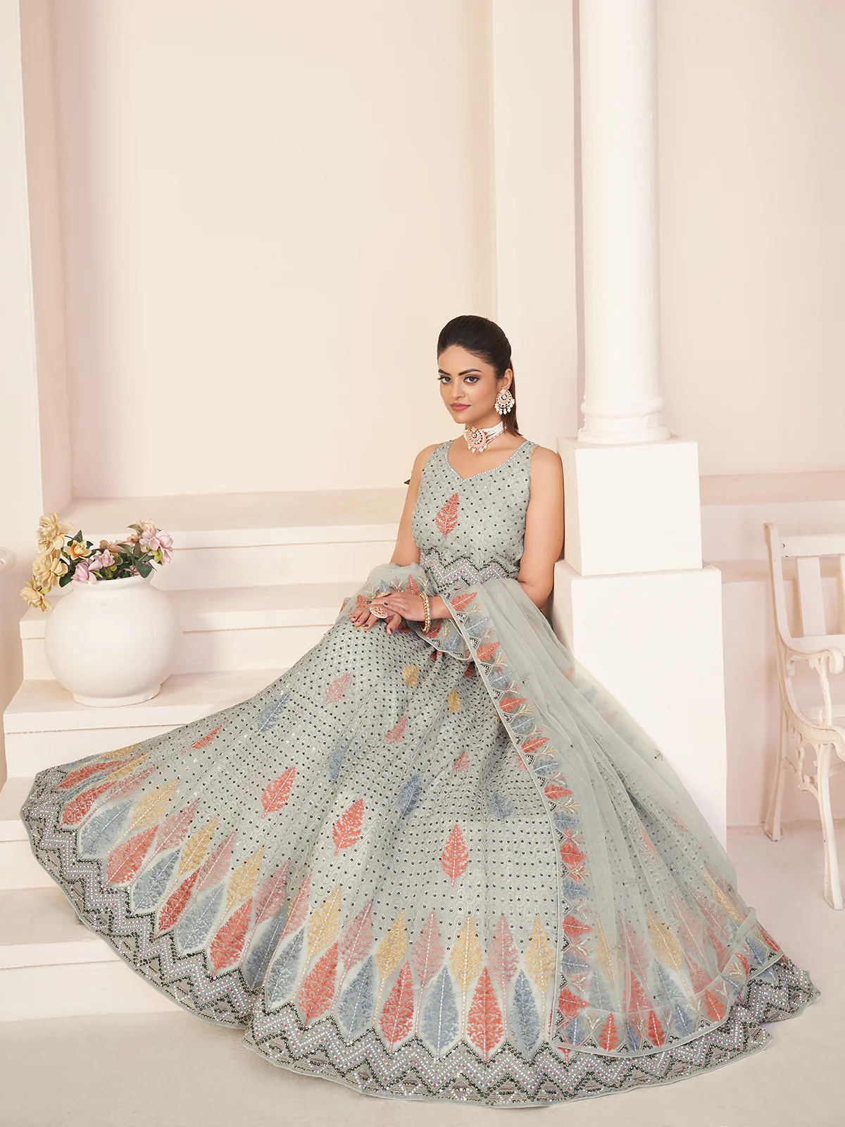 Odette Grey Georgette Embroidered Semi Stitched Lehenga With Unstitched Blouse for Women - Image 2