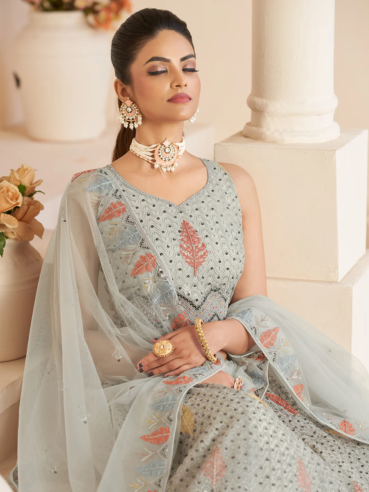 Odette Grey Georgette Embroidered Semi Stitched Lehenga With Unstitched Blouse for Women - Image 4