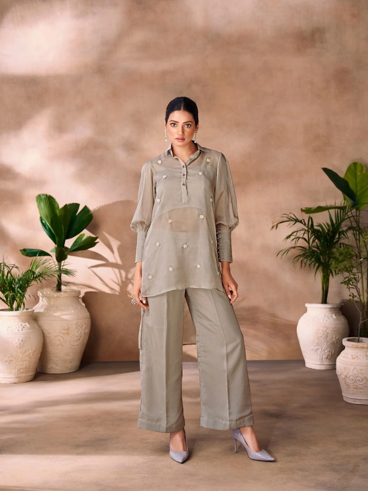 Odette Grey Organza Embellished Co-Ord Set For Women - Image 2