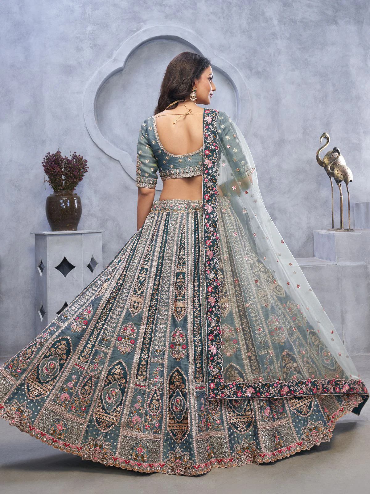 Odette Grey Organza Embellished Semi-Stitched Lehenga With Unstitched Blouse For Women - Image 5