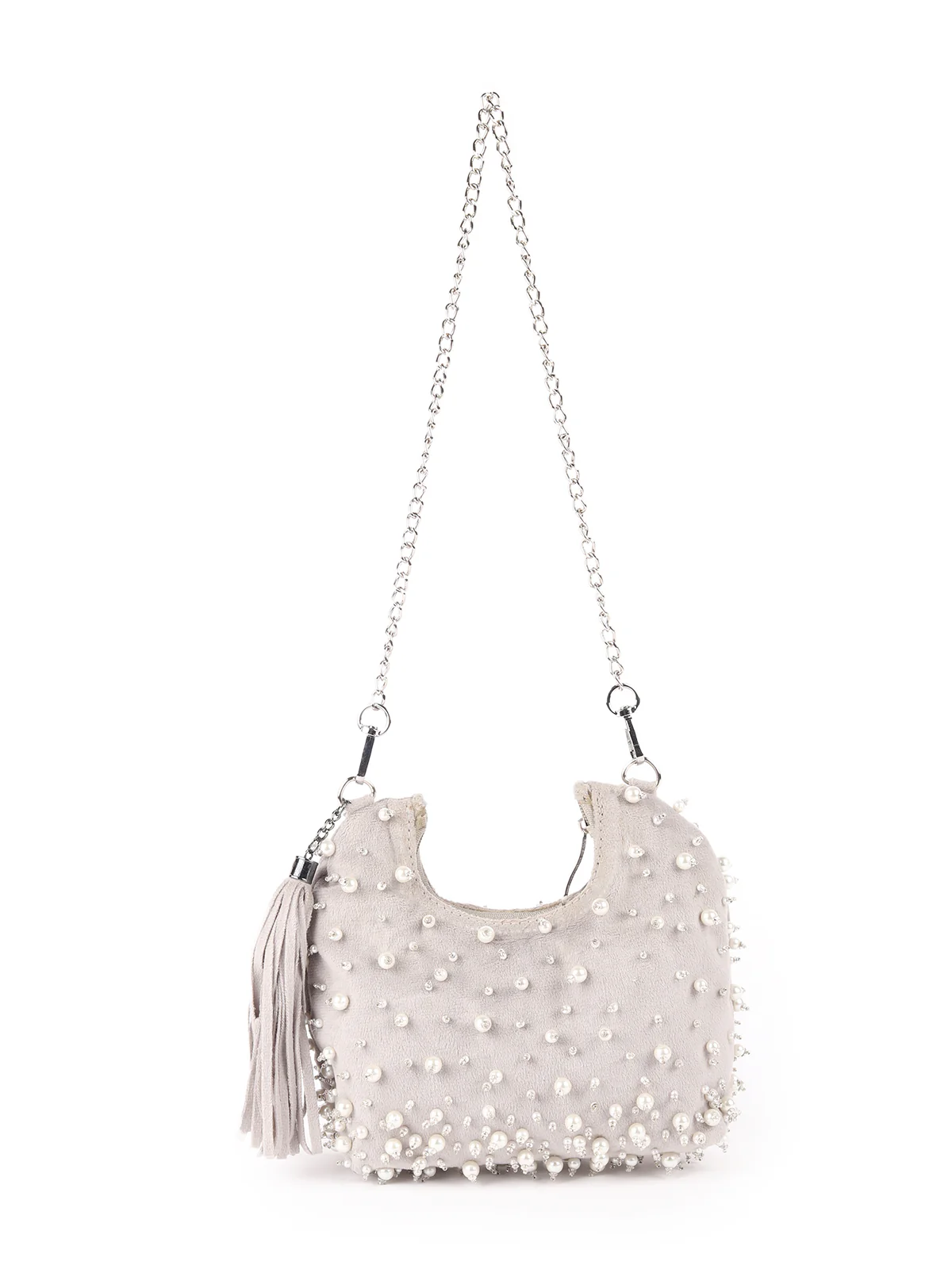 Odette Grey Pearl Embroidered Moon Clutch For Women - Image 3