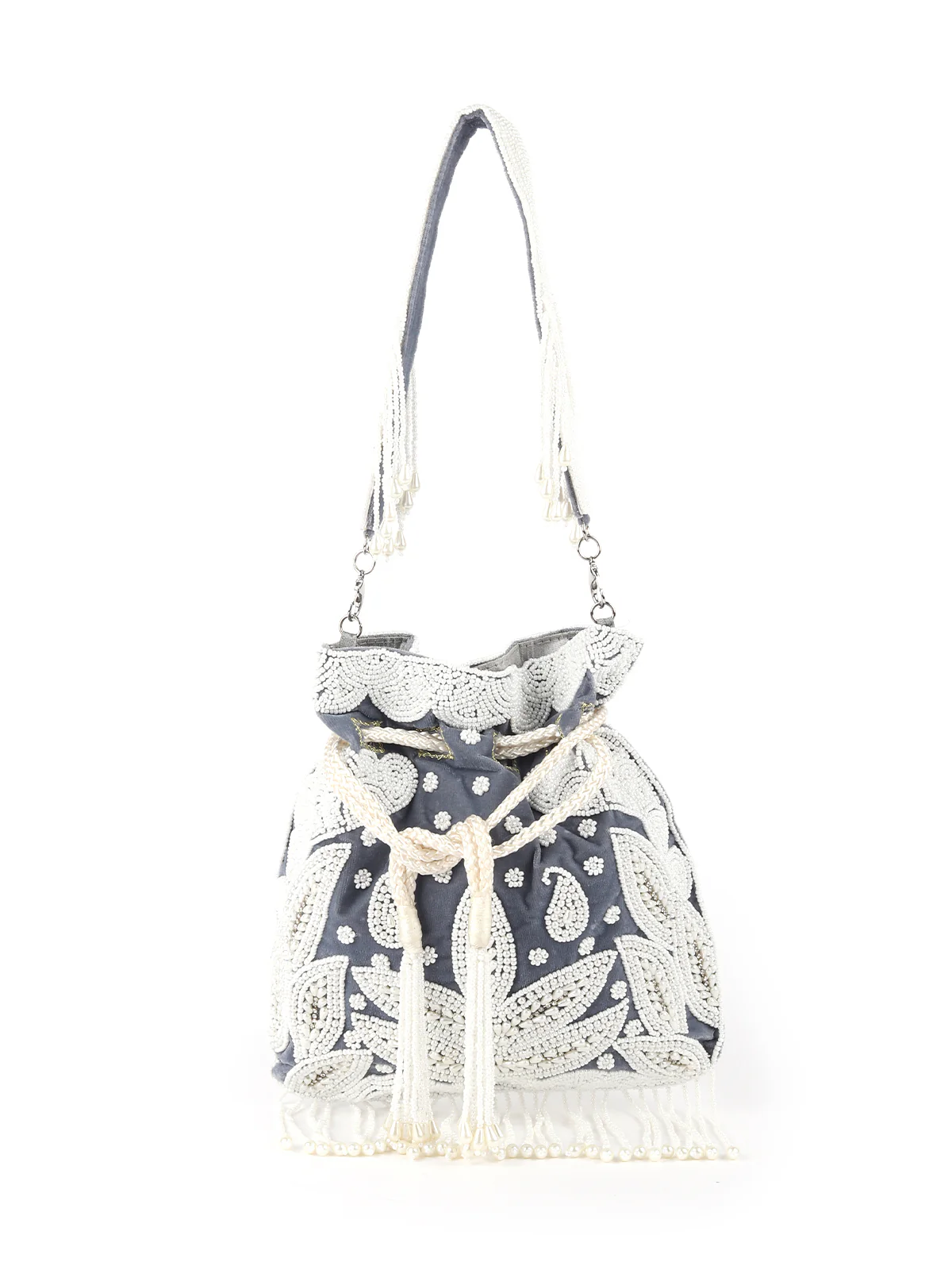 Odette Grey Pearl Embroidered Potli Bag For Women - Image 3