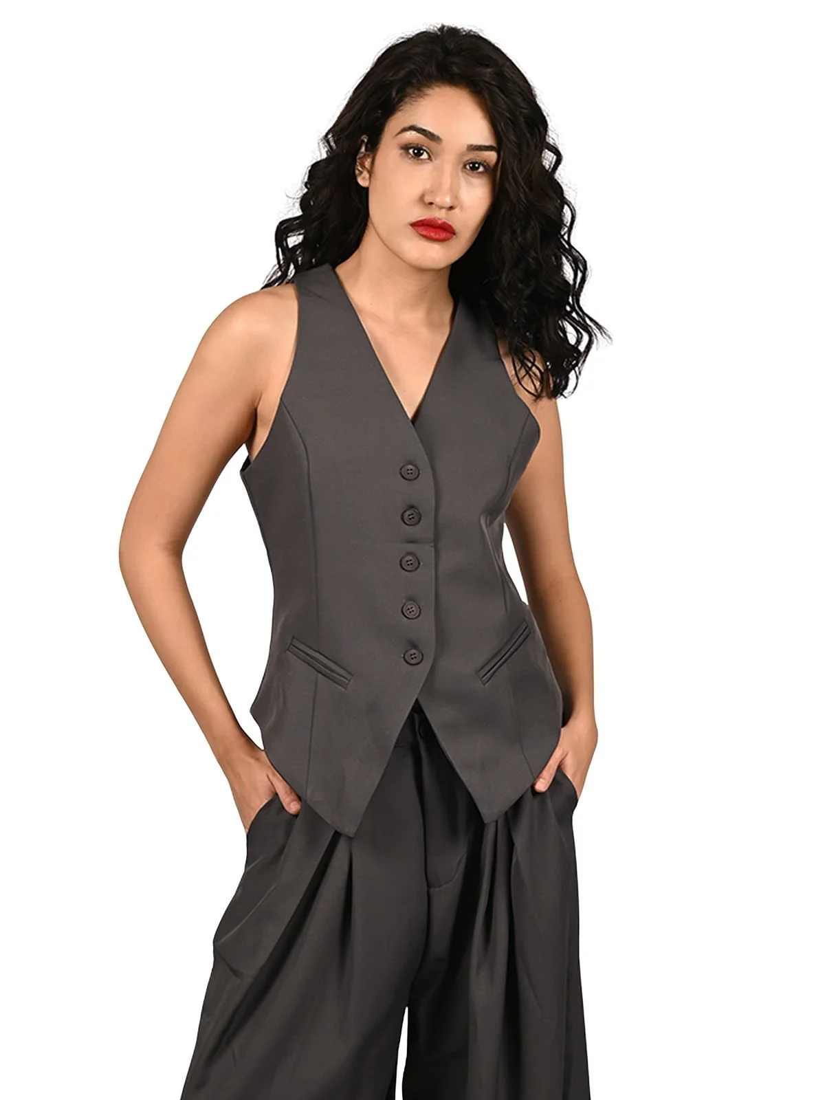 Odette Grey Poly Viscose Solid Co-Ord Set For Women - Image 5