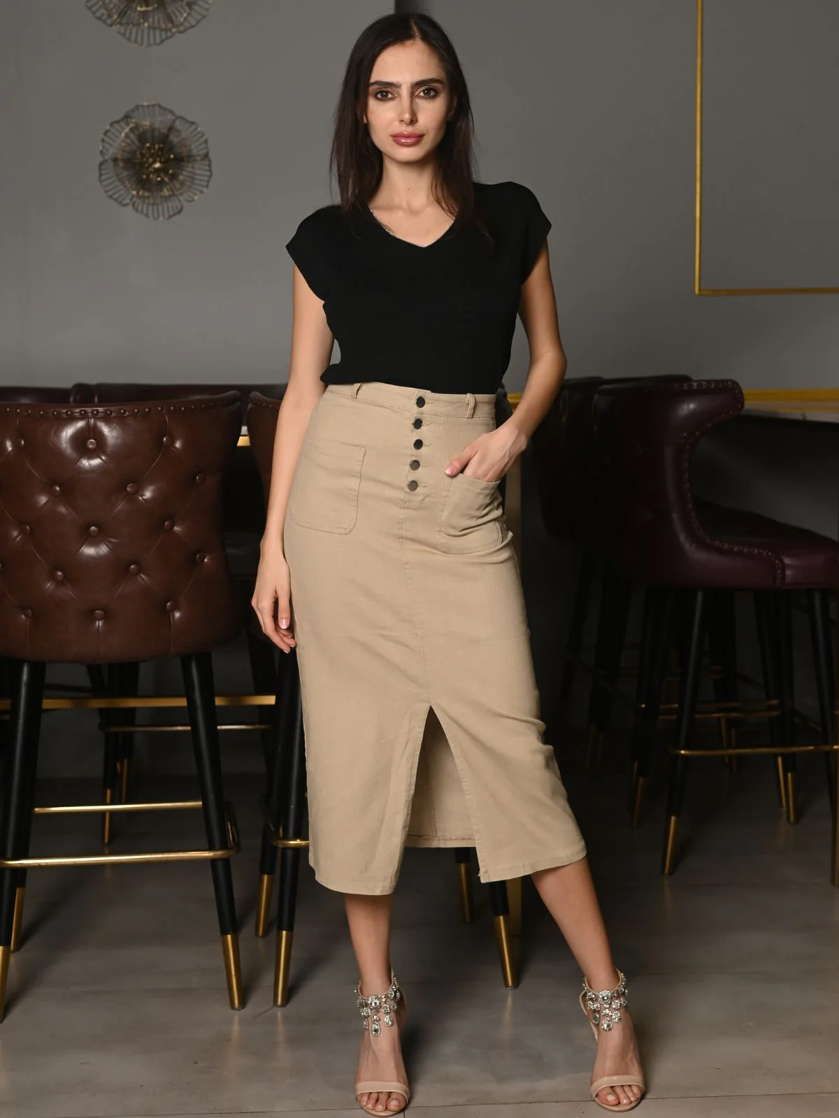 Odette Black Polyester Rib Lycra Embellished T-Shirt For Women - Image 2