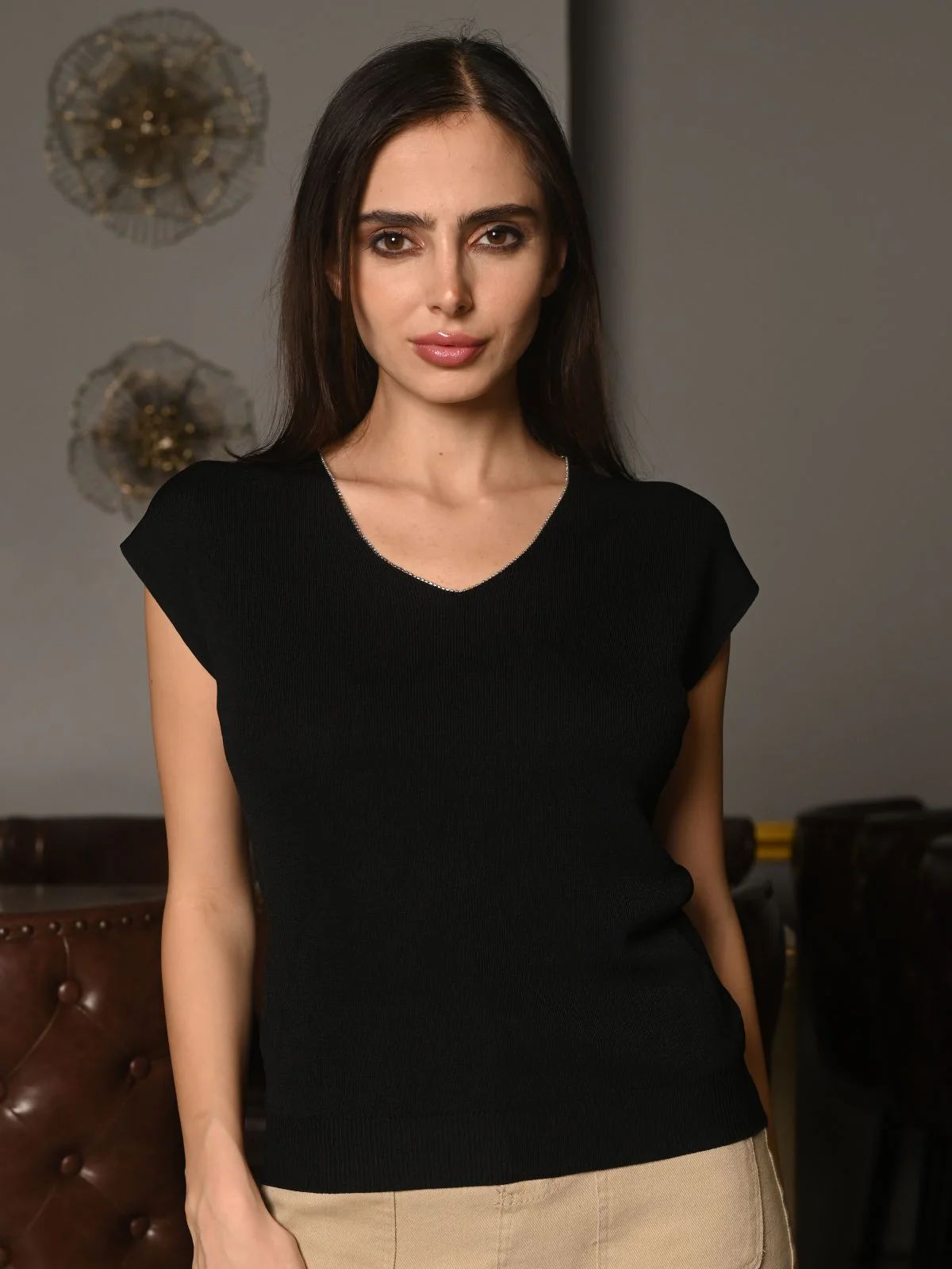 Odette Black Polyester Rib Lycra Embellished T-Shirt For Women - Image 3