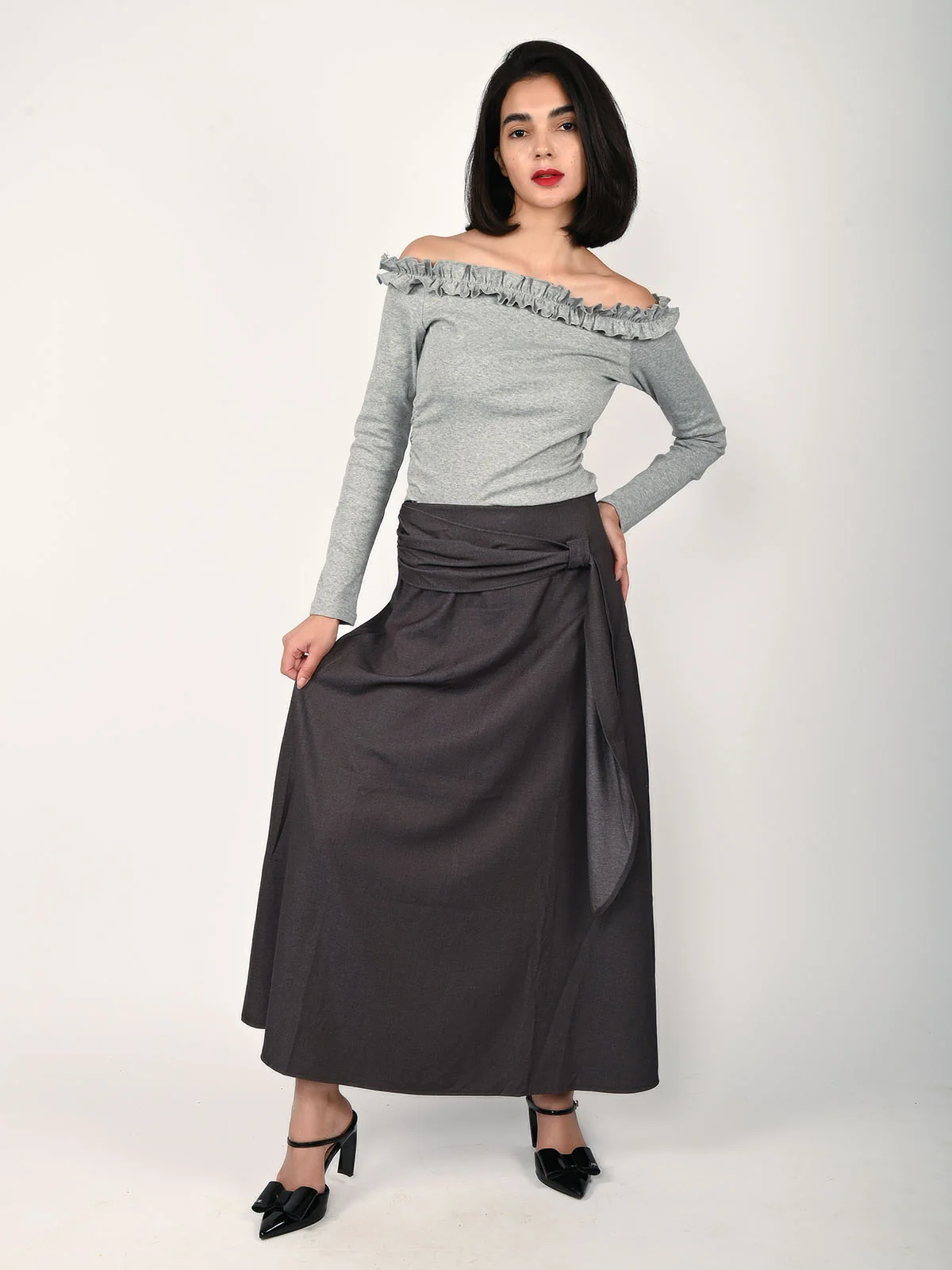 Odette Grey Polyester Solid Skirt For Women - Image 5