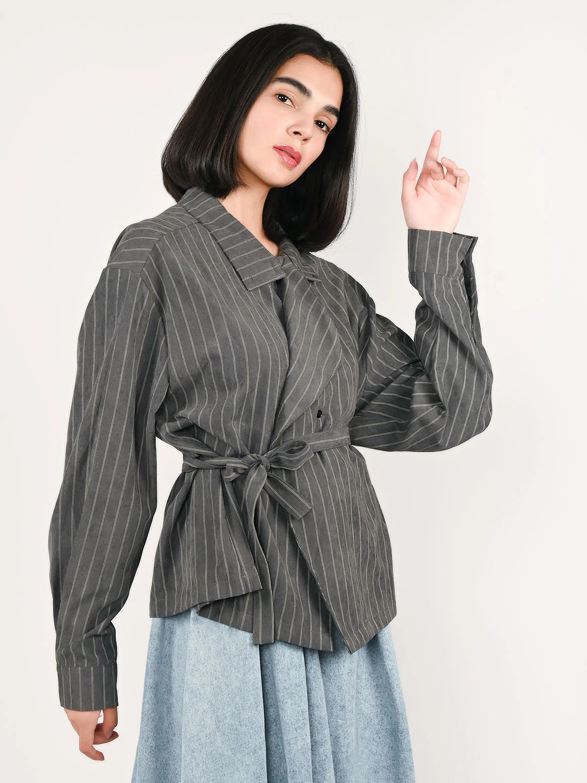 Odette Grey Polyester Striped Top For Women - Image 2
