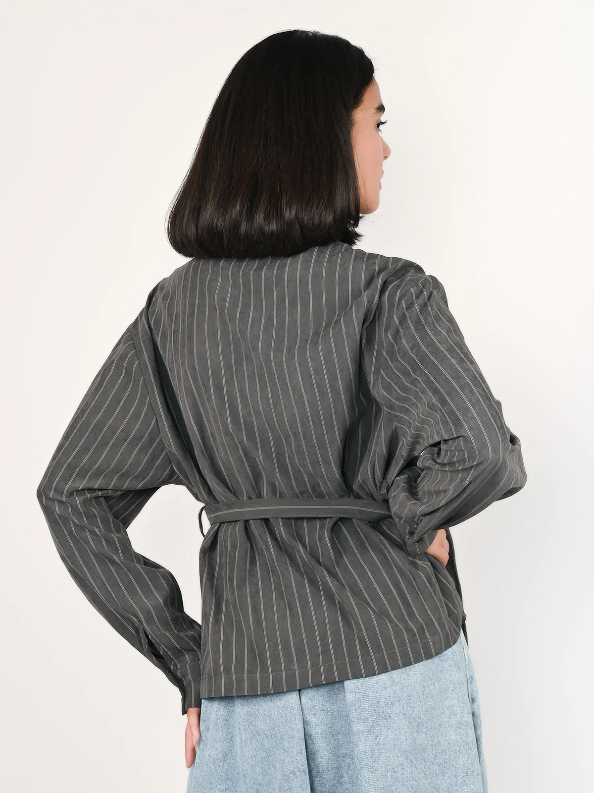 Odette Grey Polyester Striped Top For Women - Image 4