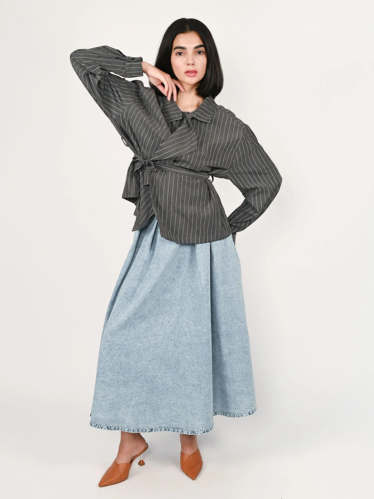 Odette Grey Polyester Striped Top For Women - Image 5