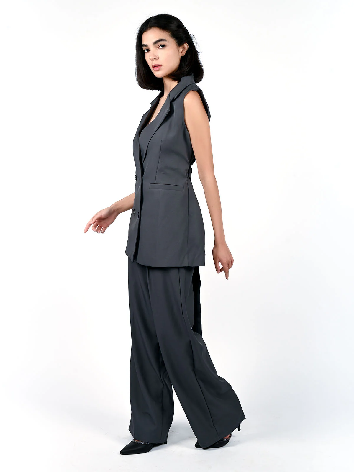 Odette Grey Polyester Suiting Solid Co-ord set For Women - Image 2