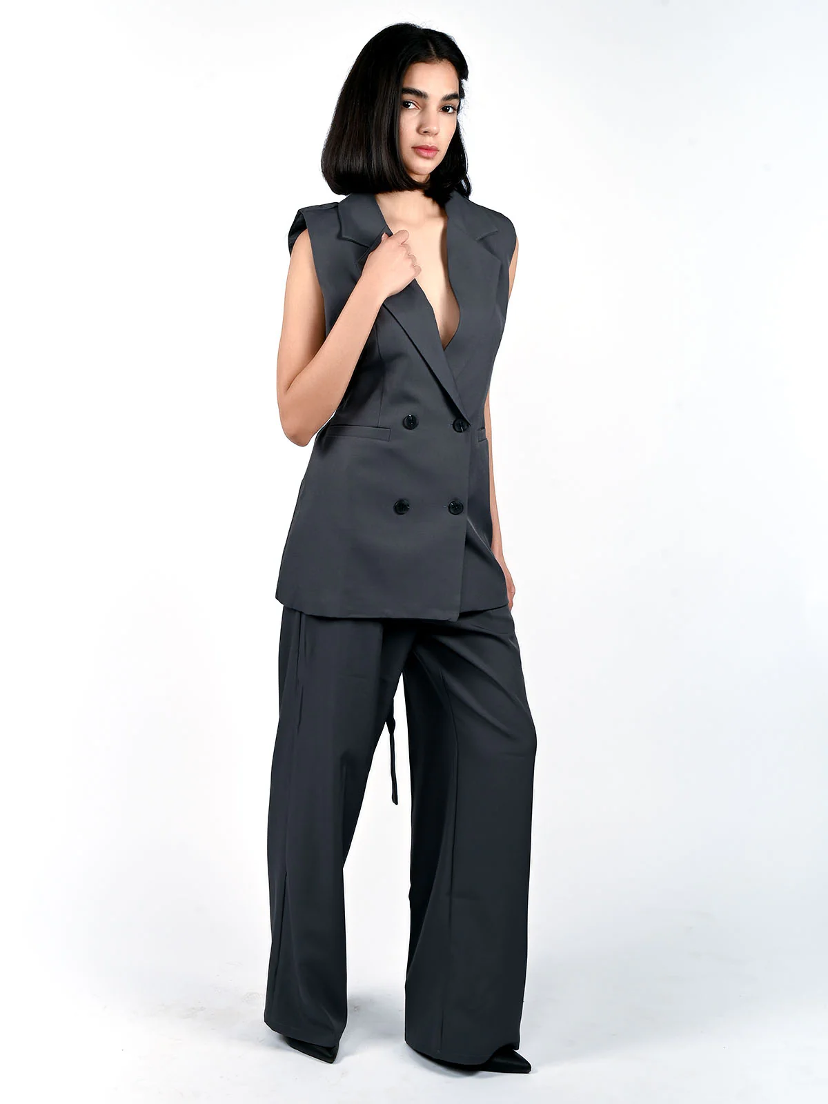 Odette Grey Polyester Suiting Solid Co-ord set For Women - Image 3