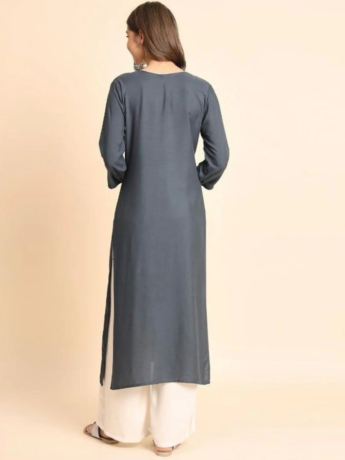 Odette Grey Rayon Embroidered Kurti For Women - Image 3