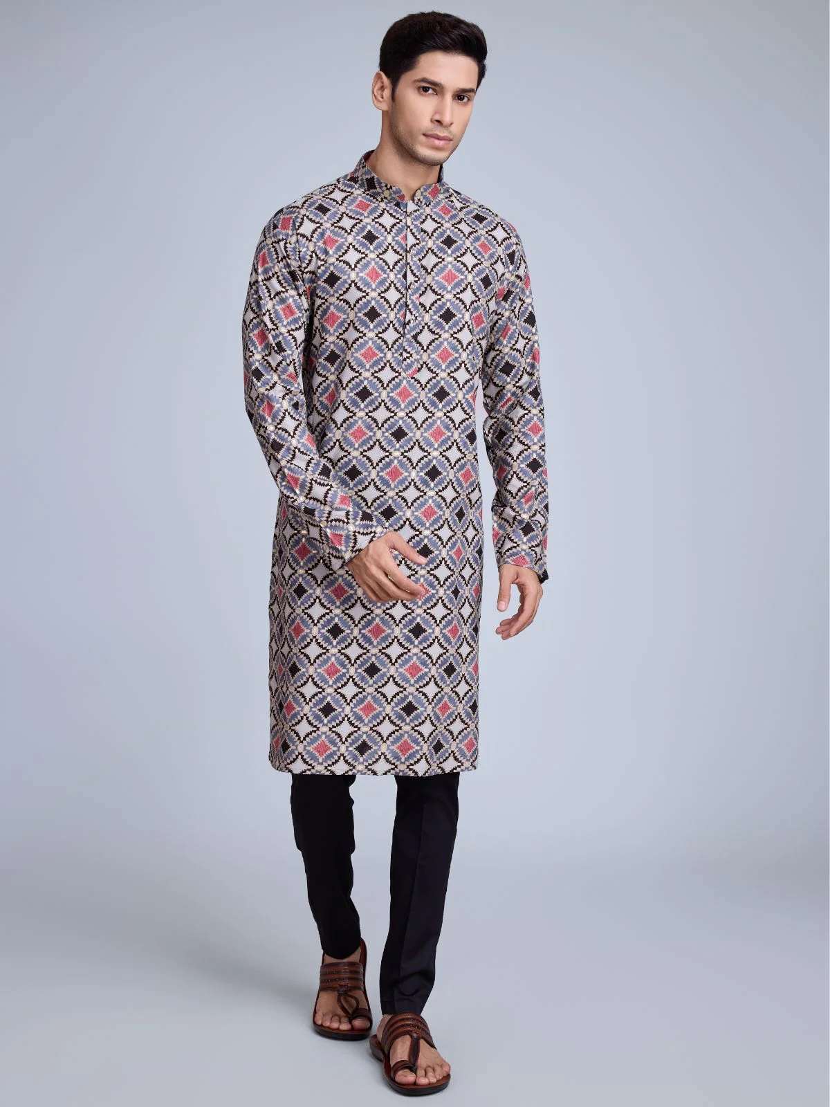 Odette Grey Rayon Printed Stitched Kurta For Men - Image 2