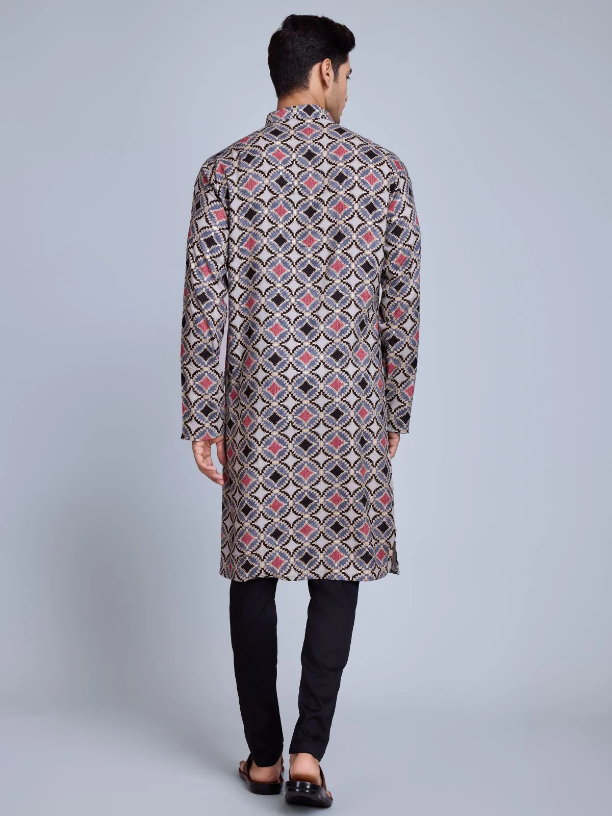 Odette Grey Rayon Printed Stitched Kurta For Men - Image 4
