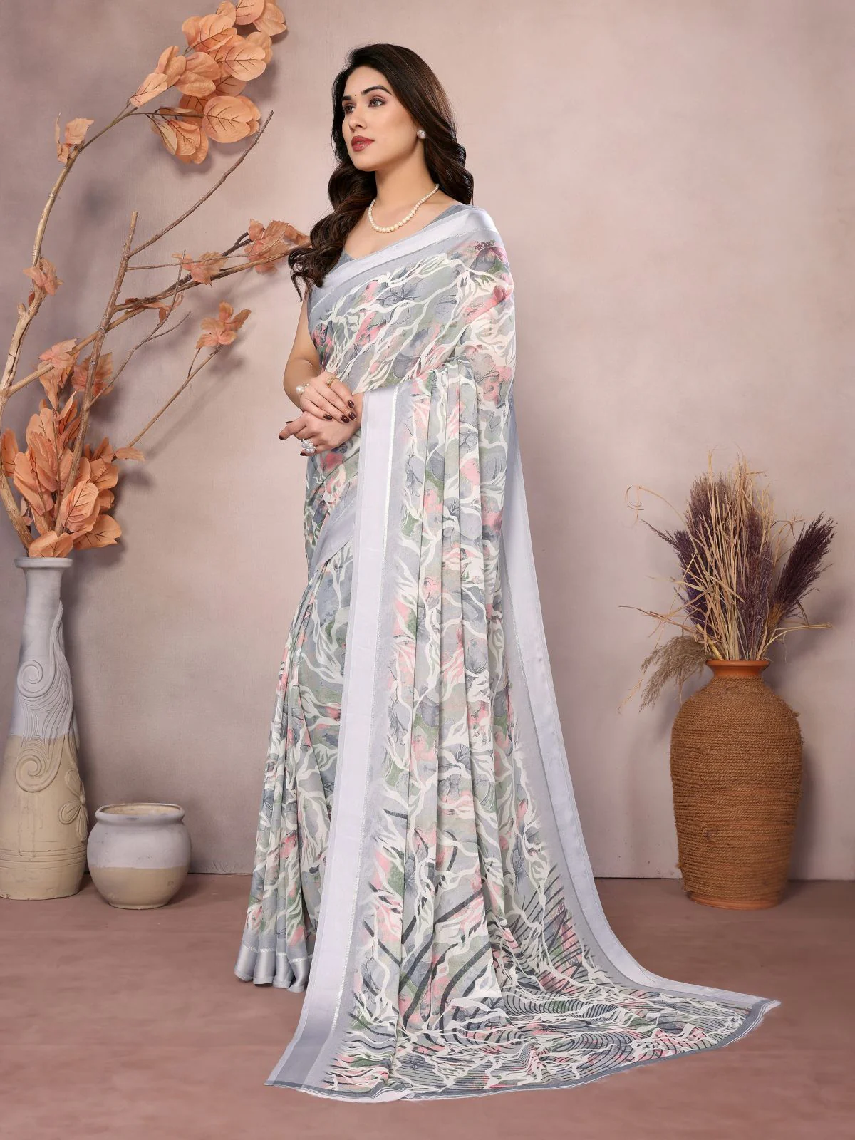 Odette Grey Satin Printed Saree With Unstitched Blouse For Women - Image 2