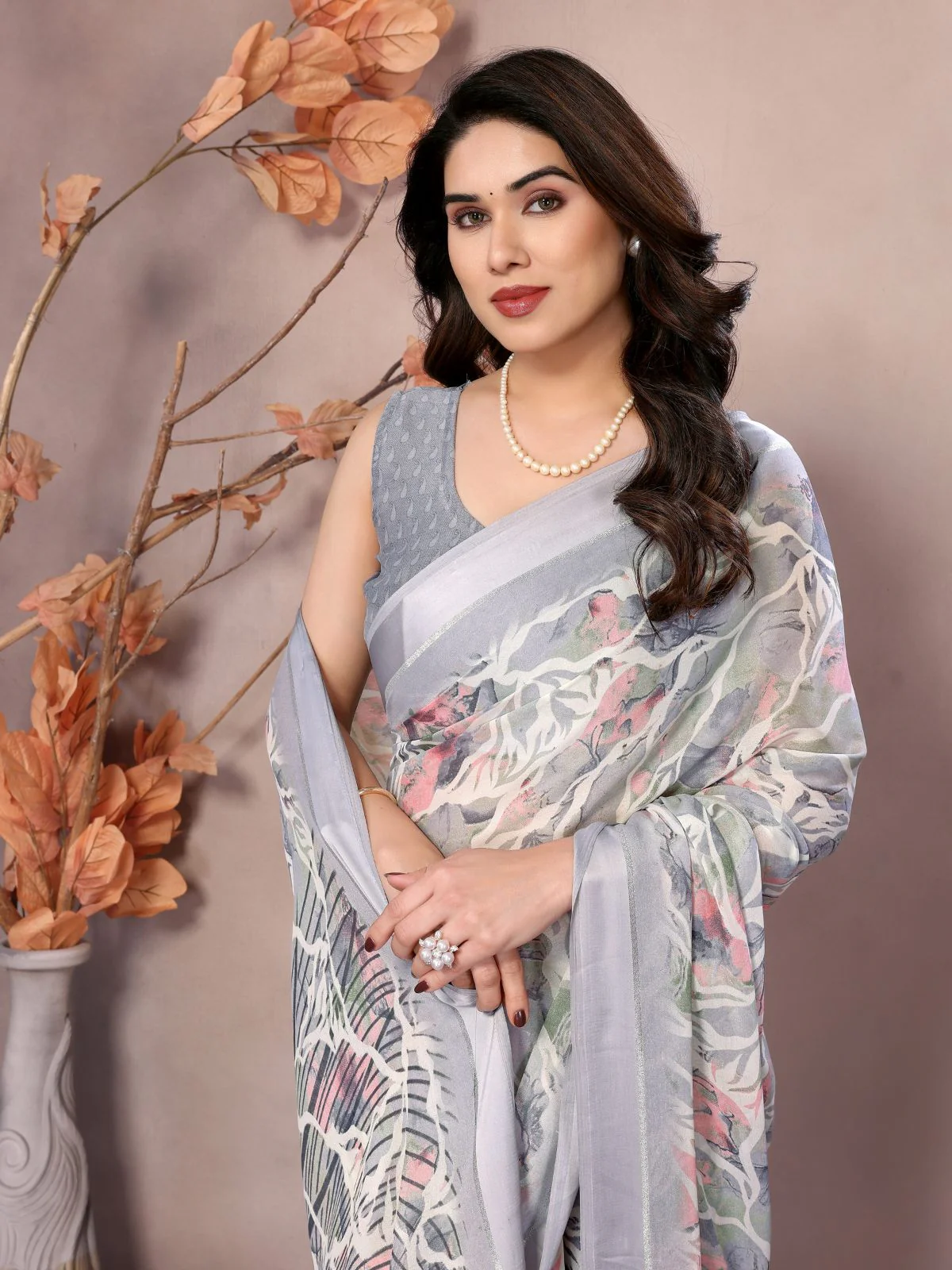 Odette Grey Satin Printed Saree With Unstitched Blouse For Women - Image 3