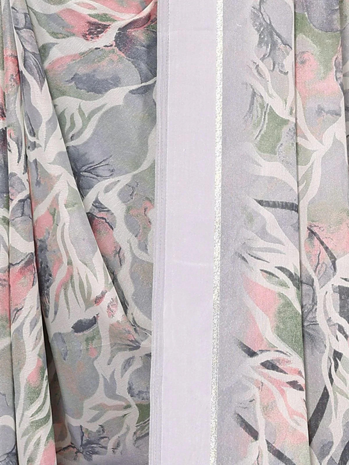 Odette Grey Satin Printed Saree With Unstitched Blouse For Women - Image 5