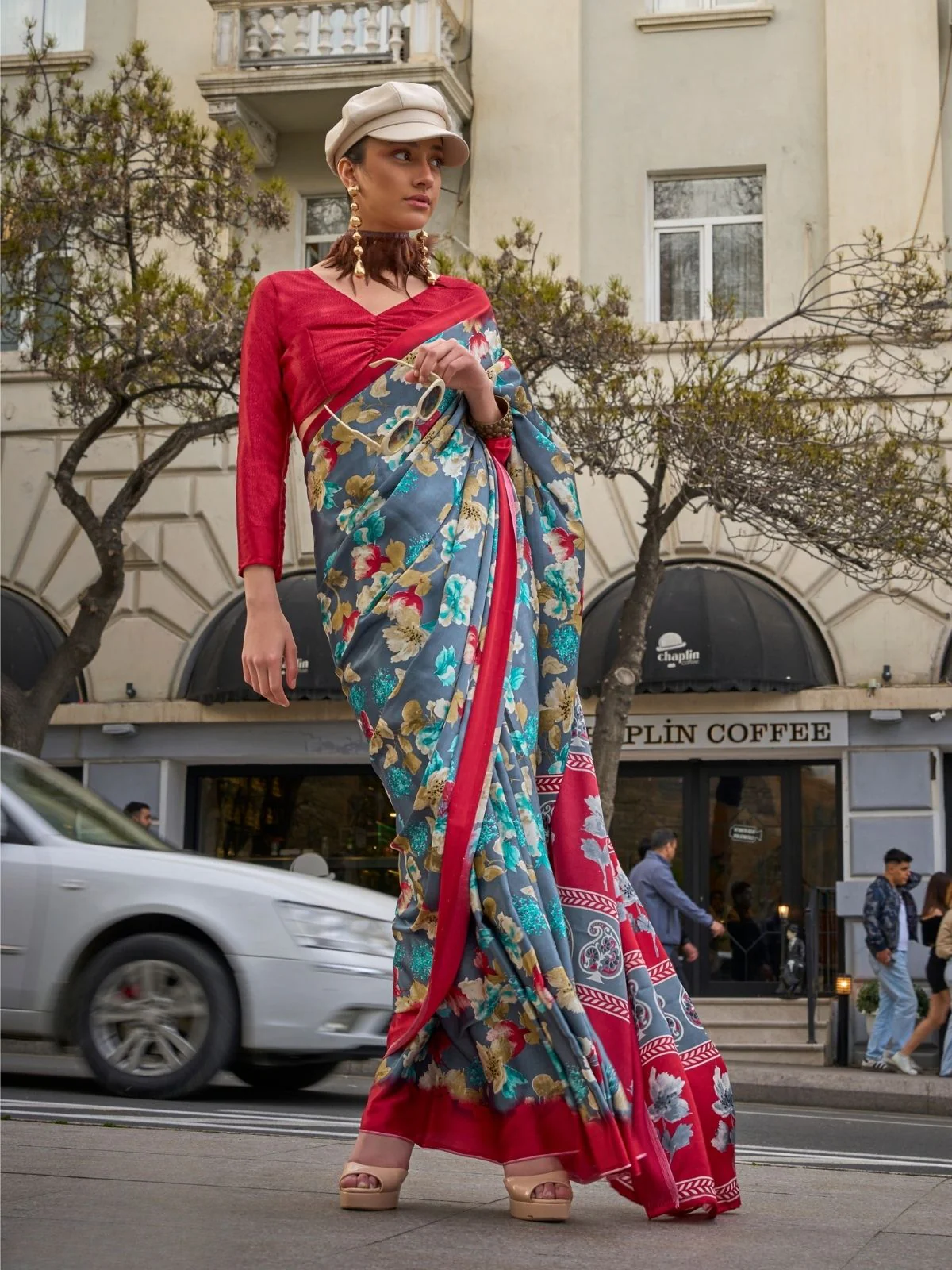 Odette Grey Satin Printed Saree With Unstitched Blouse For Women - Image 2