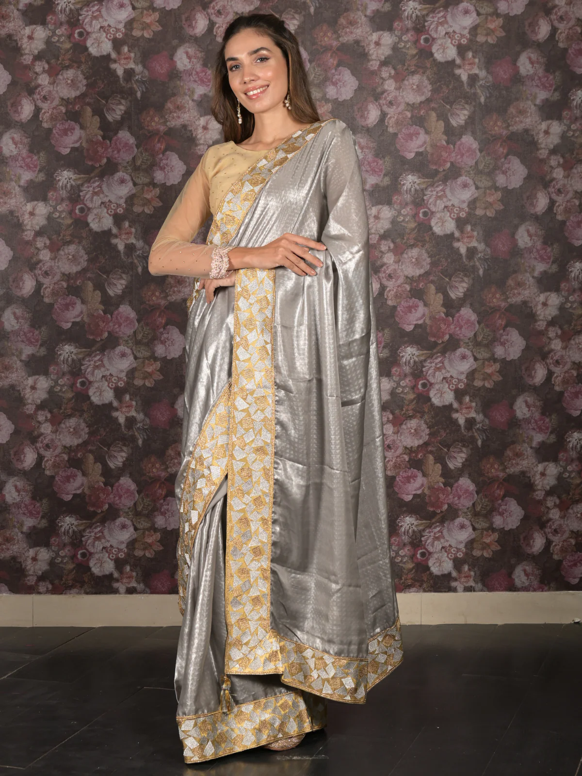 Odette Grey Shimmer Polyester Embroidered Saree with Unstitched Blouse for Women - Image 2