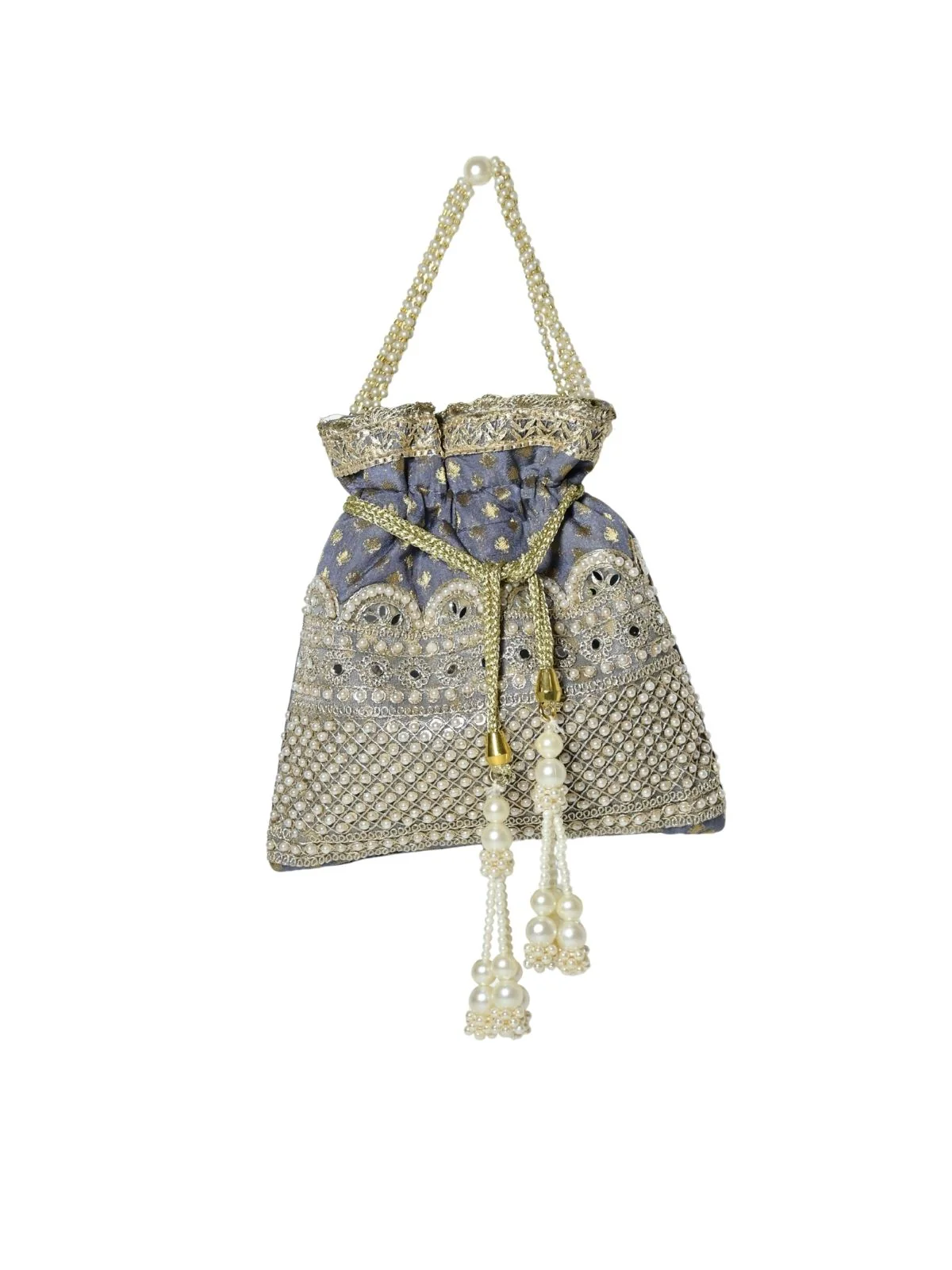 Odette Grey Silk Blend Embellished Potli For Women - Image 3