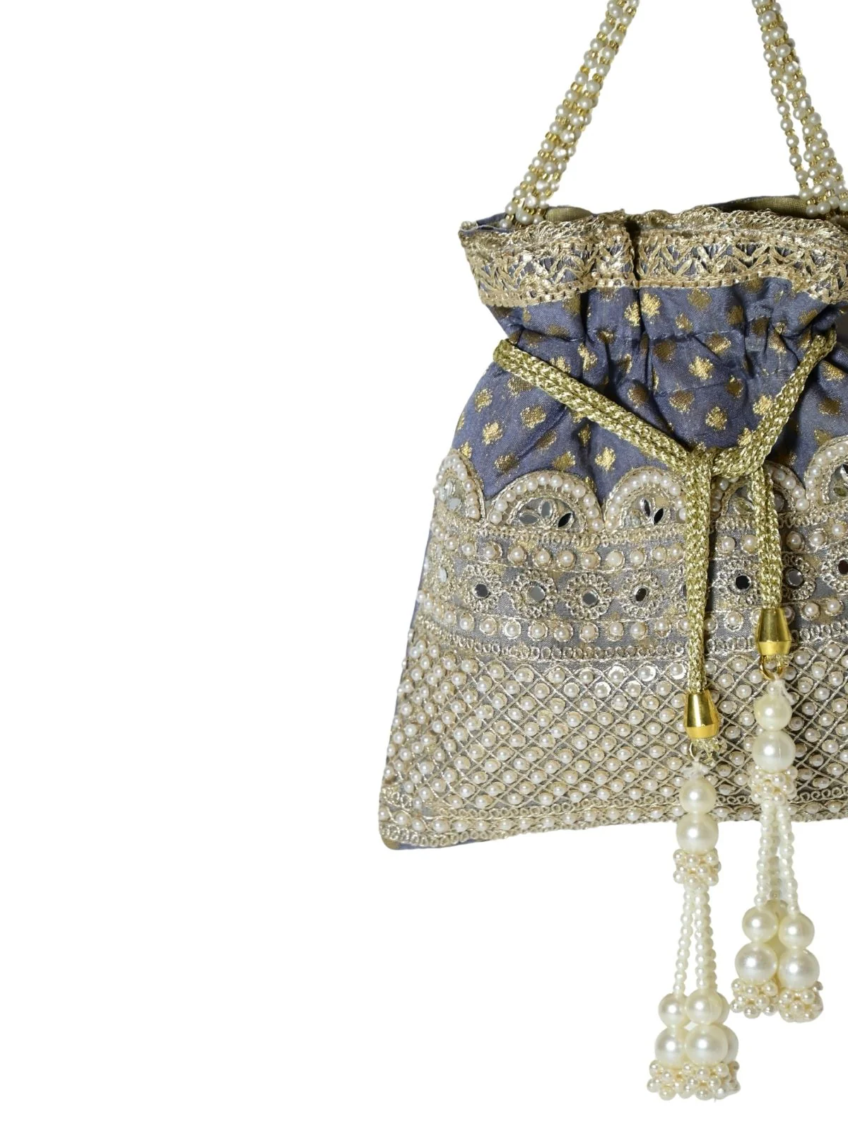 Odette Grey Silk Blend Embellished Potli For Women - Image 7