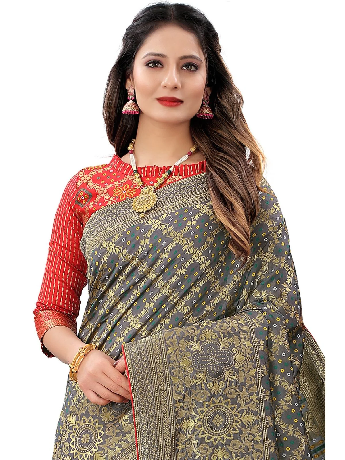 Odette Grey Silk Blend Embellished Saree For Women - Image 4