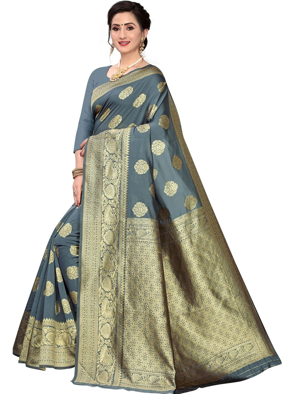 Odette Grey Silk Blend Embellished Saree For Women - Image 3