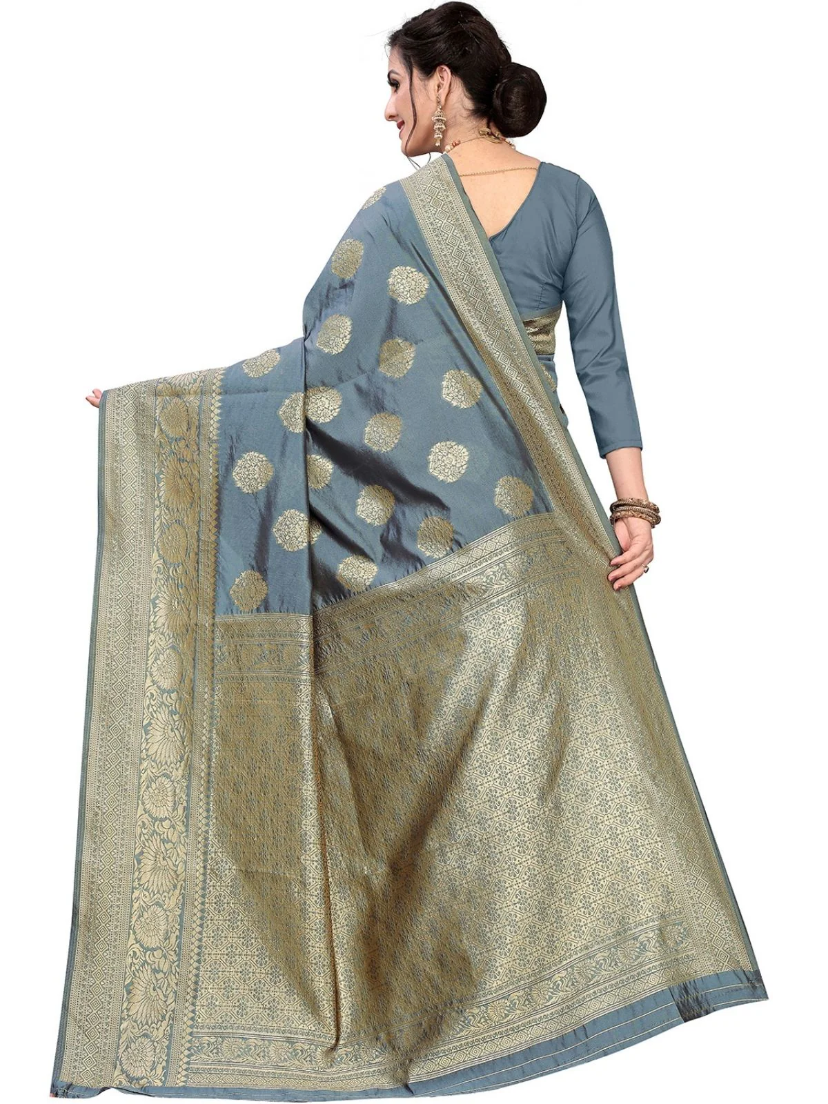 Odette Grey Silk Blend Embellished Saree For Women - Image 4