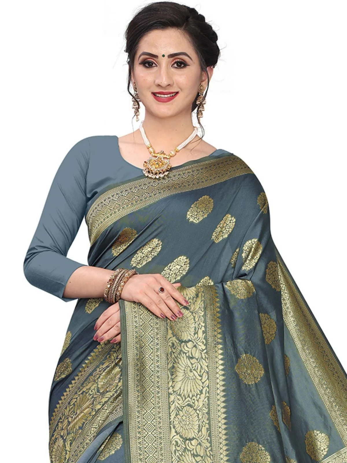 Odette Grey Silk Blend Embellished Saree For Women - Image 5