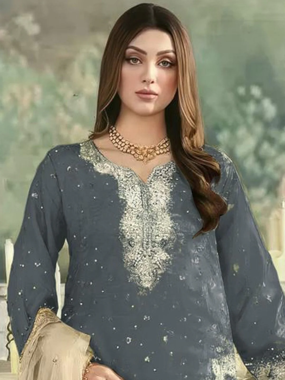 Odette Grey Silk Blend Embellished Semi Stitched Kurta Set For Women - Image 2
