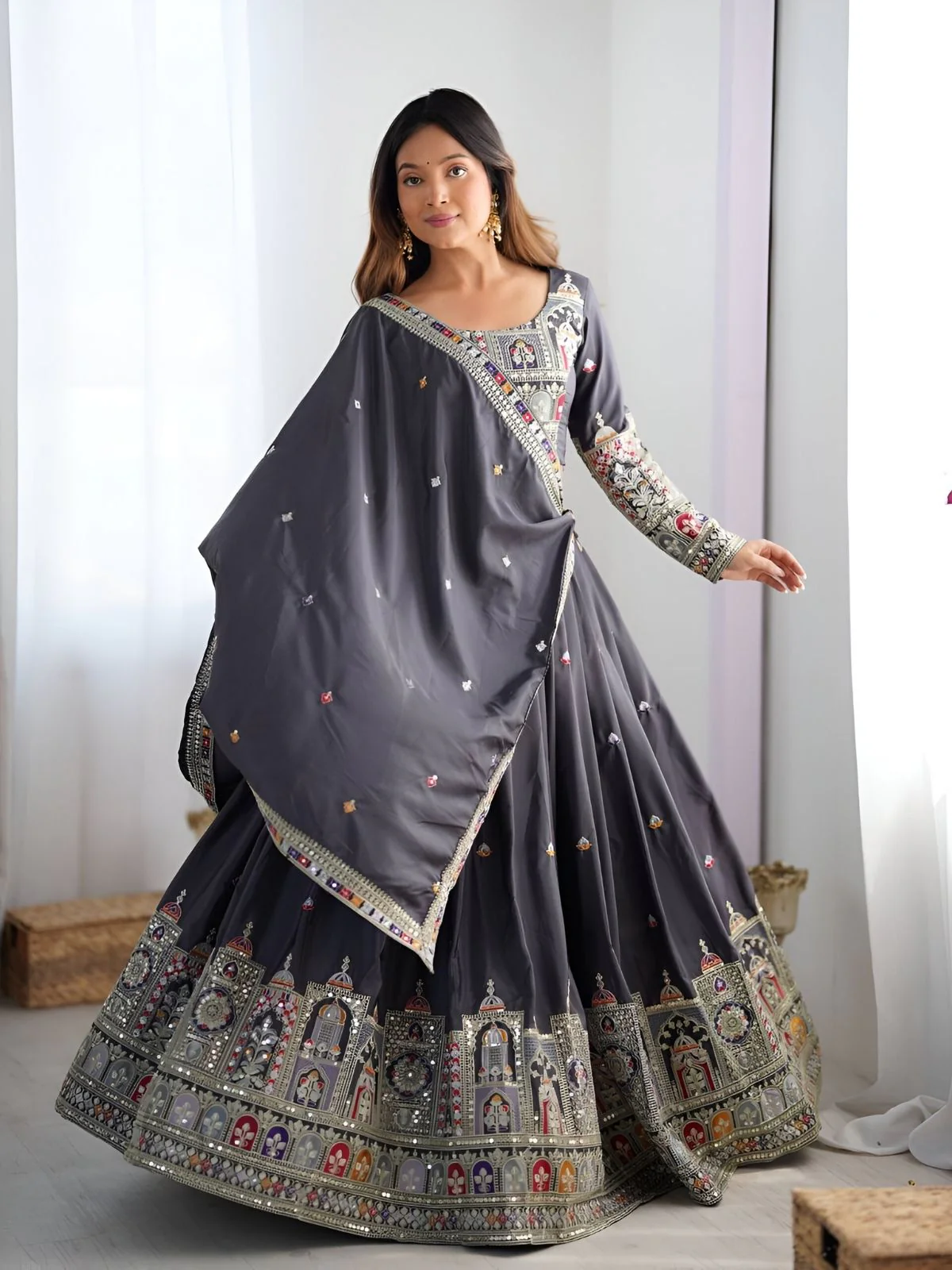 Odette Grey Silk Blend Embroidered Semi-Stitched lehenga For Women - Image 2