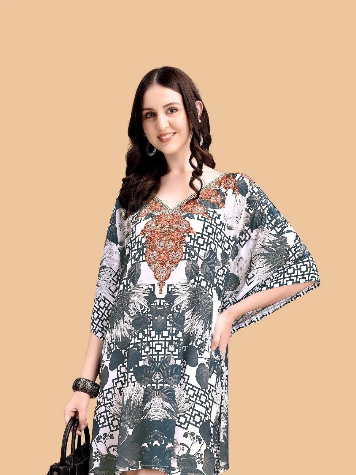 Odette Grey Silk Blend Printed Kaftan For Women - Image 4