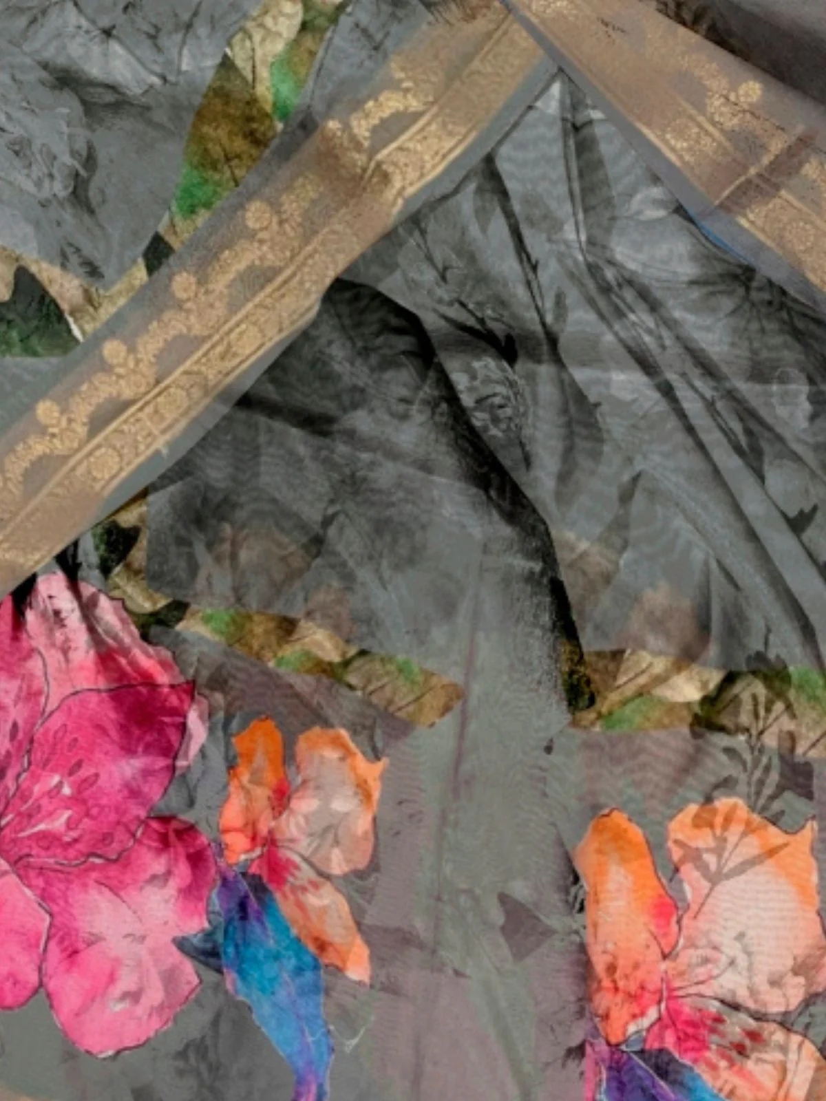 Odette Grey Silk Blend Printed Saree With Unstitched Blouse For Women - Image 3