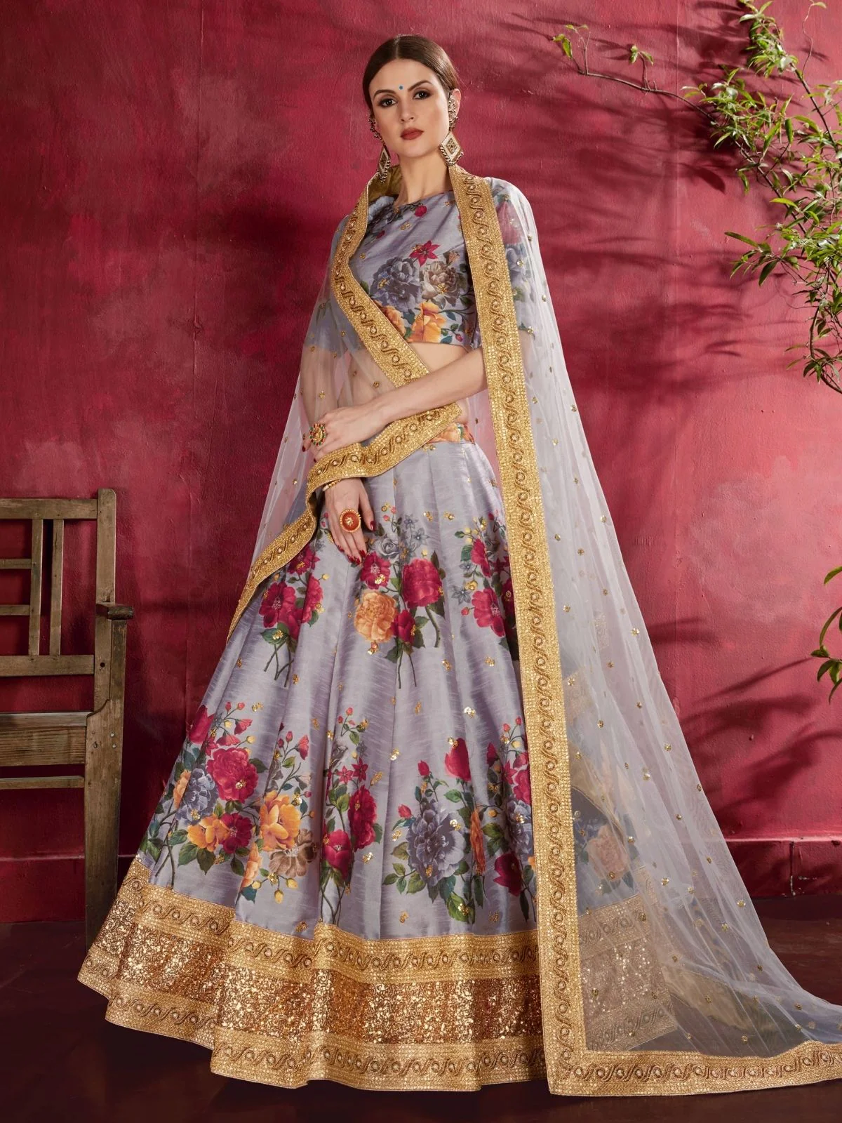 Odette Grey Silk Blend Printed Semi Stitched Lehenga With Blouse For Women - Image 2