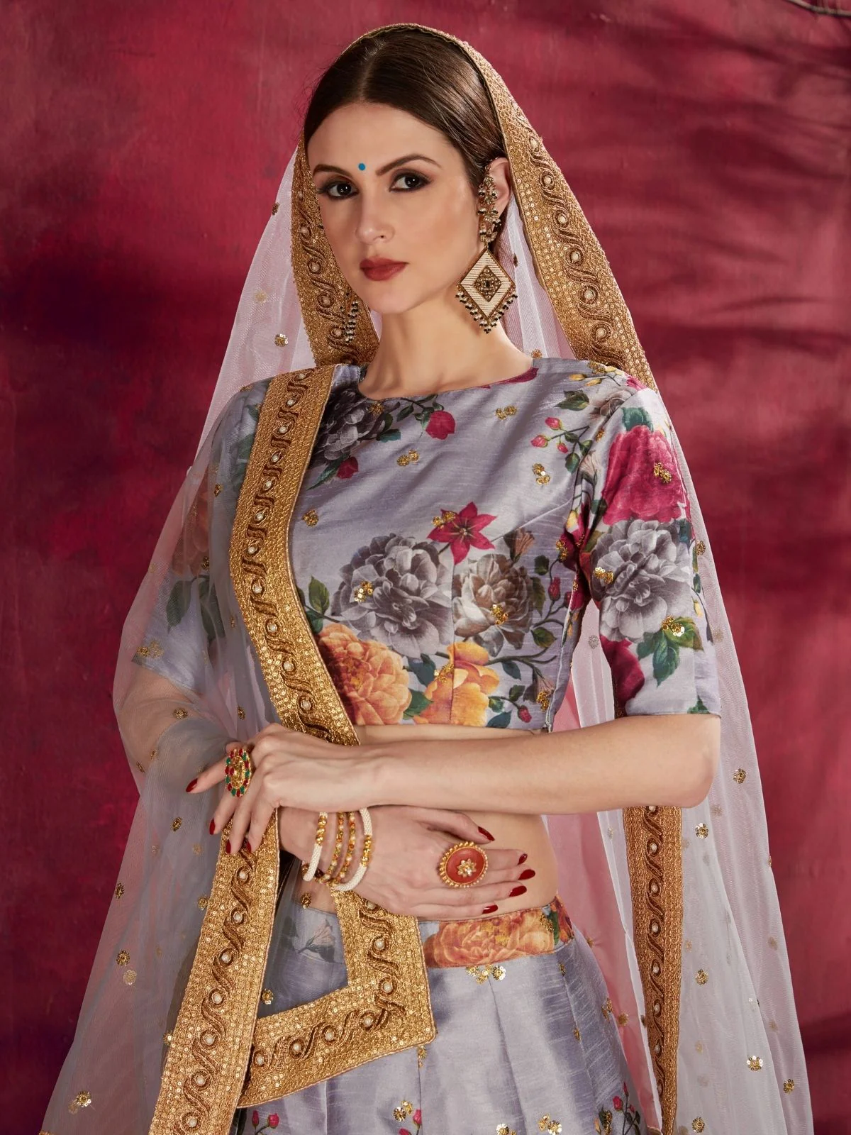 Odette Grey Silk Blend Printed Semi Stitched Lehenga With Blouse For Women - Image 3