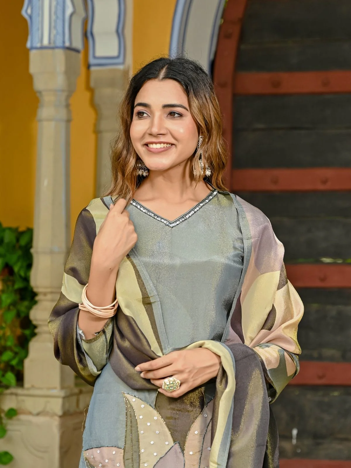 Odette Grey Silk Blend Printed Stitched Kurta Set For Women - Image 3