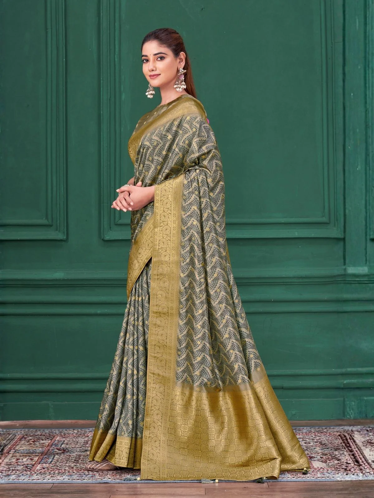 Odette Grey Silk Blend Woven Printed Saree For Women - Image 2