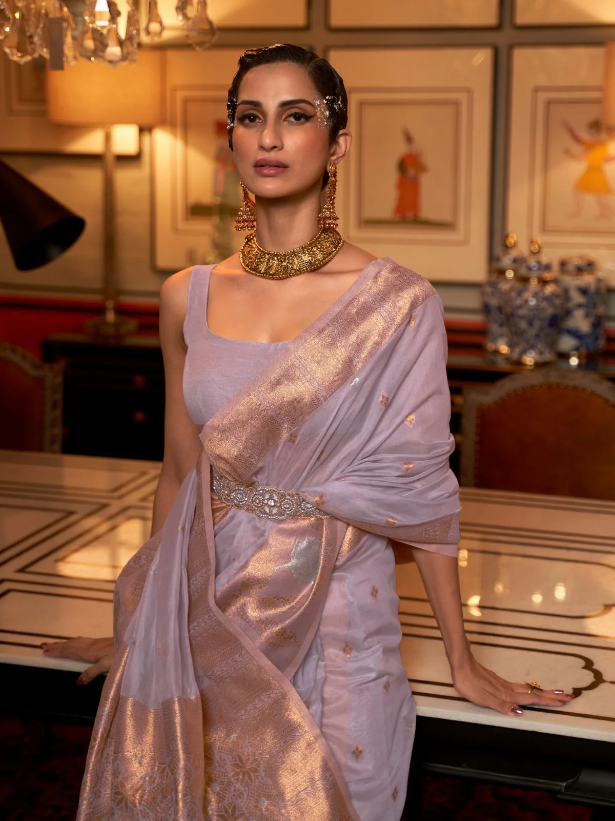 Odette Grey Silk Blend Woven Saree With Unstitched Blouse for Women - Image 2