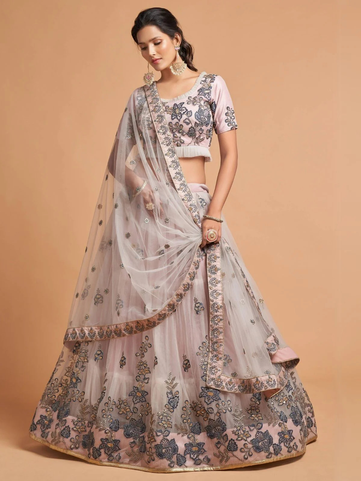 Odette Grey And Peach Soft Net Embroidered Semi Stitched Lehenga With Blouse For Women - Image 2
